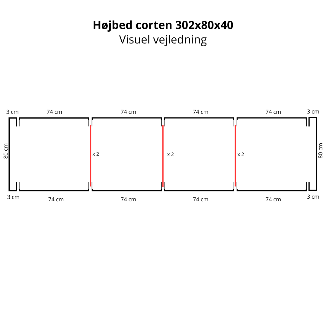Højbed i cortenstål | B80 H40 | L302 cm