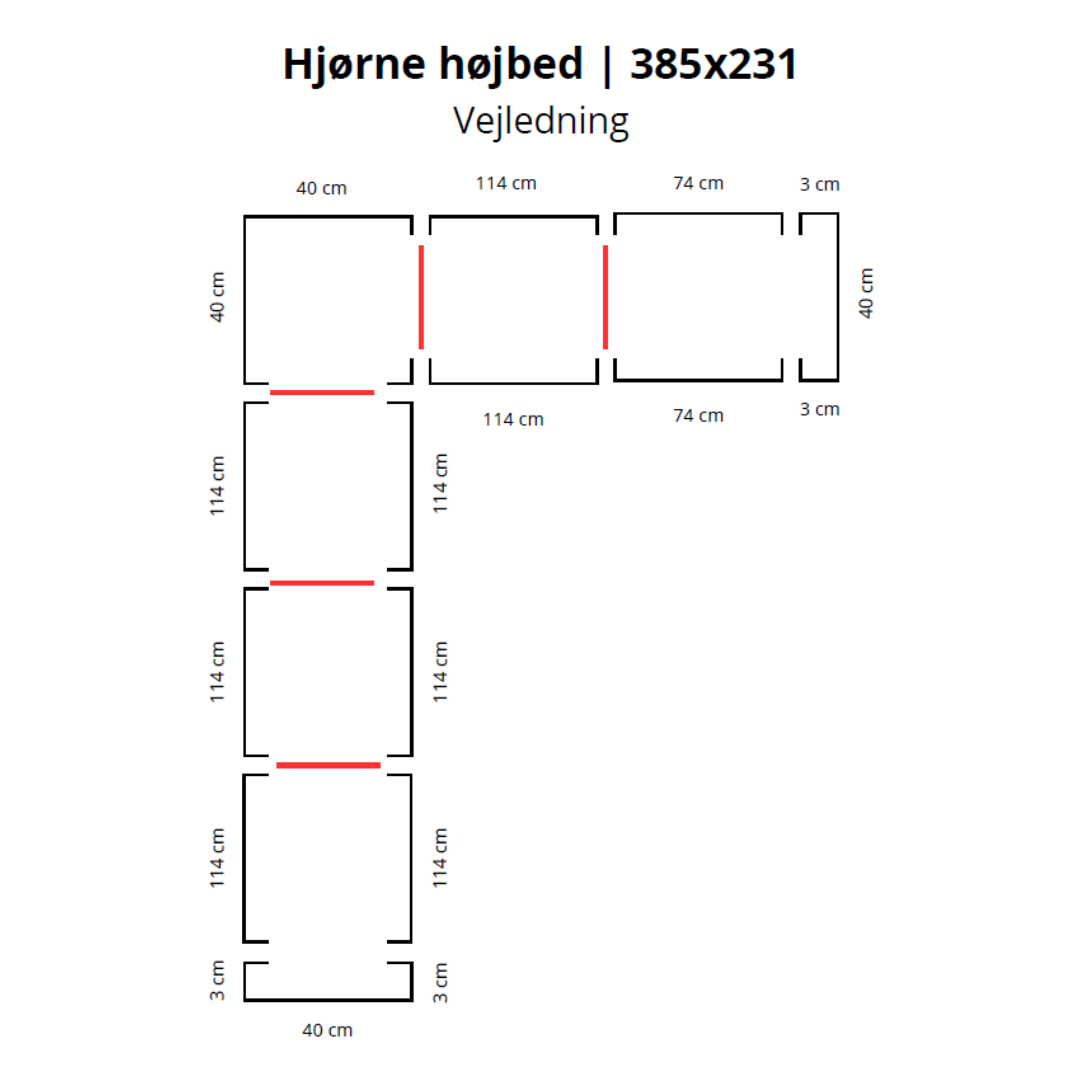 Hjørne højbed i corten | B40 H40 | L385x231 cm