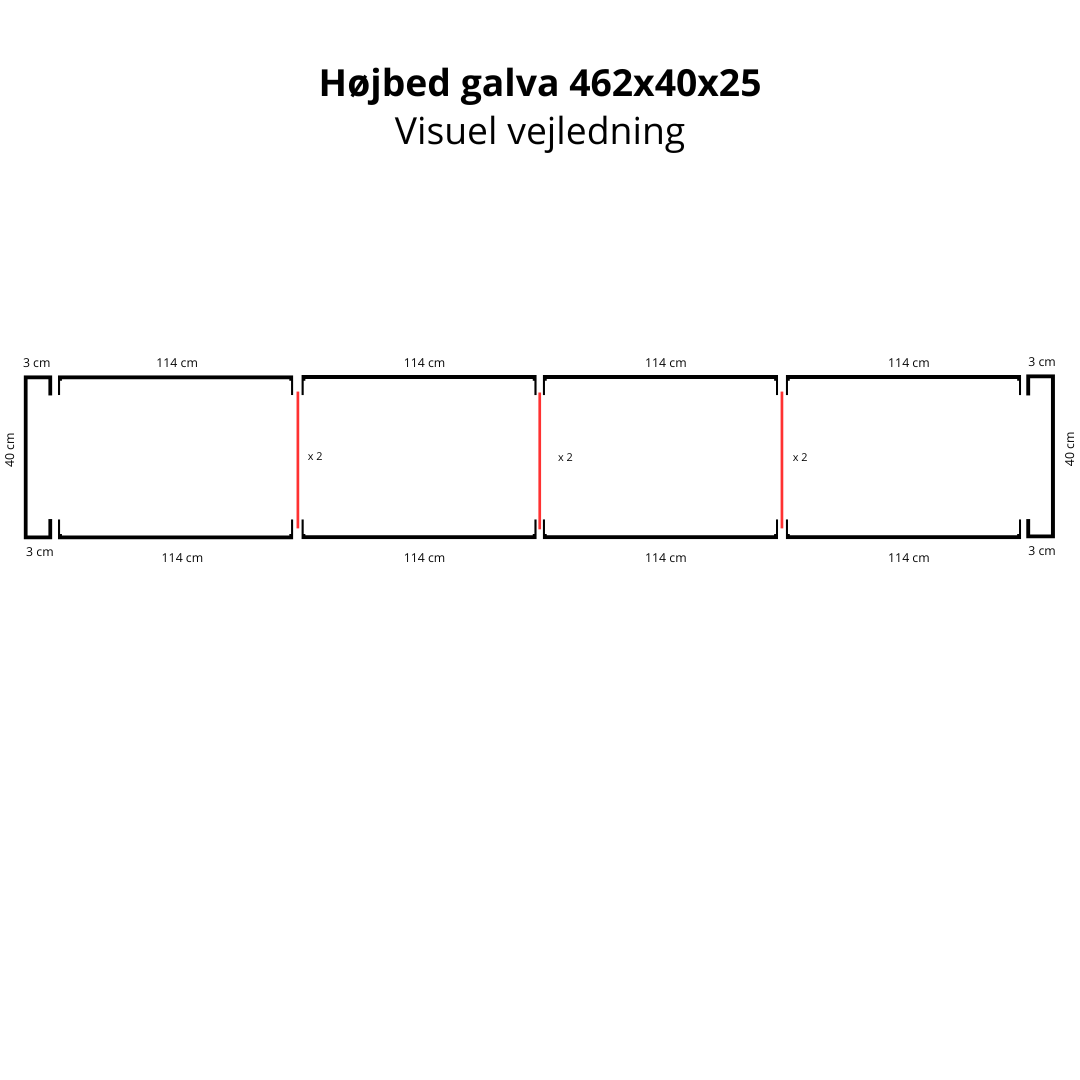 Højbed i galvaniseret stål | B40 H25 | L462 cm