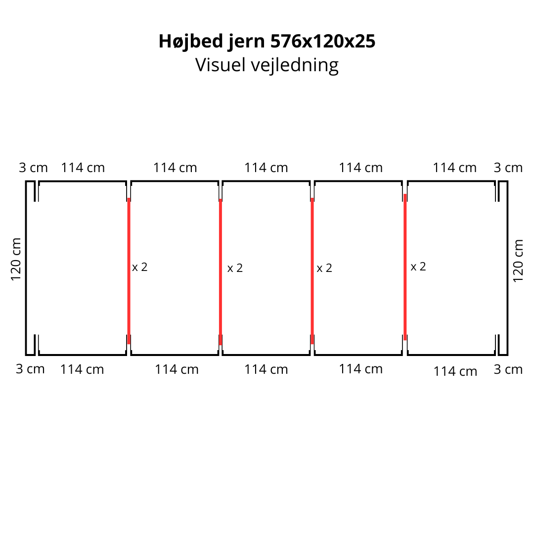 Højbed i jern | B120 H25 | L576 cm