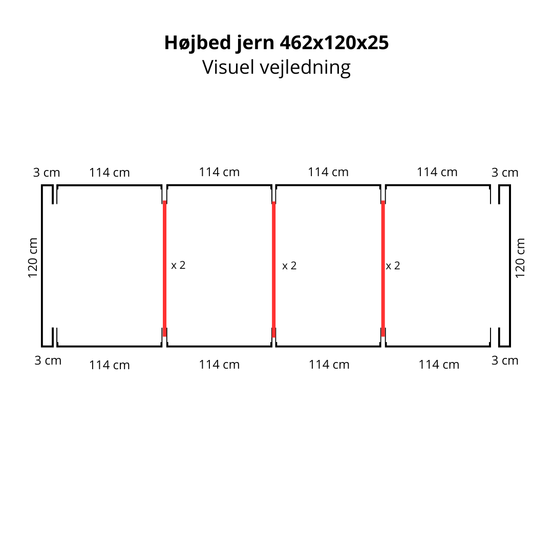 Højbed i jern | B120 H25 | L462 cm